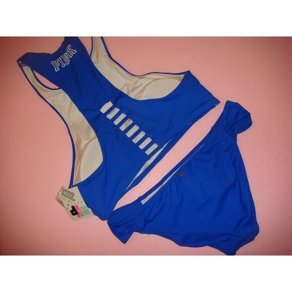 NWT Victoria's Secret PINK Bralette TANK BIKINI M/S indigo Blue white GOOD VIBES - Picture 3 of 3